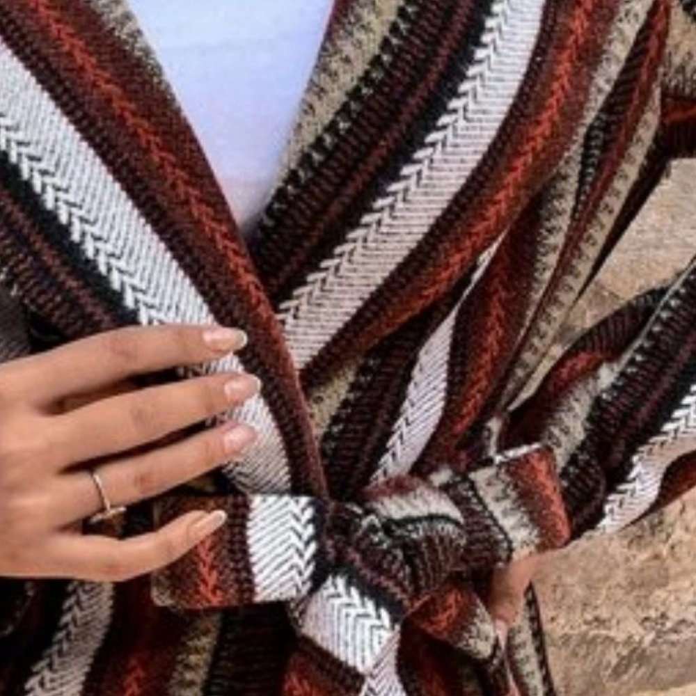 Tweed Striped Waterfall Front Belted Coat Brown - Picture 5 of 12